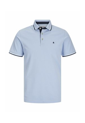 Light blue polo shirt made of cotton, featuring a black collar and cuffs, two-button placket, and small logo on the chest. Plain texture.
