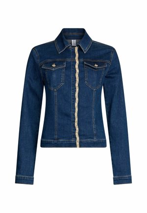 Giacca in denim scuro con maniche lunghe, tasche sul petto e una decorazione a trim chiaro lungo il centro. Collo classico e design aderente.