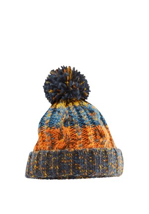 Knitted winter hat with folded brim and pom-pom, featuring blue, orange, yellow, and gray multicolor yarn pattern.