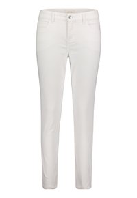 Pantalon en denim blanc à coupe slim, avec un design cinq poches et une fermeture frontale par bouton. Texture lisse avec des détails de couture subtils.