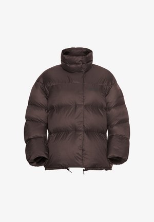 Braune Pufferjacke mit hohem Kragen, gestepptem Design und elastischen Bündchen. Mit Kordelzug am Saum und einem dezenten Logo-Detail.