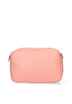 Rechteckiges rosa Lederetui mit Reißverschluss und goldfarbenem Reißverschlussanhänger, gezeigt vor weißem Hintergrund.