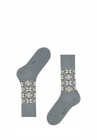 Grau gemusterte Socken mit einem geometrischen Design in Creme und Bordeauxrot. Hergestellt aus weichem Material mit verstärktem Fersen- und Zehenbereich für Haltbarkeit.
