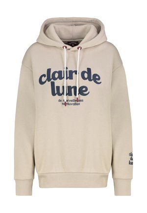 Beige hoodie met donkerblauwe Franse tekst "clair de lune" en kleinere tekst eronder, witte koorden met rode tips, ribgebreide manchetten en onderrand.