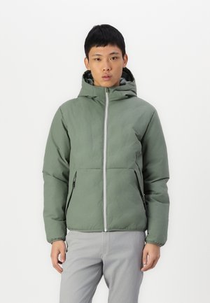 Green insulated jacket with a hood, featuring a central zipper, elastic cuffs, and two front pockets. Smooth fabric with a matte finish.