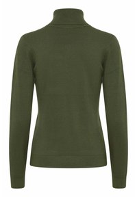 Maglione verde oliva con colletto alto, maniche lunghe e design aderente. Texture a maglia con polsini e orlo a coste. Nessun hardware o motivo visibile.