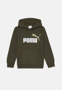 Hoodie vert olive en tissu doux, doté d'une poche kangourou, de poignets côtelés et d'un bold logo "PUMA" blanc avec un graphisme d'un puma en train de sauter.