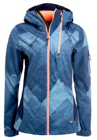Giacca blu e navy con motivo, dotata di una zip frontale e accenti arancioni a contrasto. Presenta un cappuccio e un tessuto strutturato.