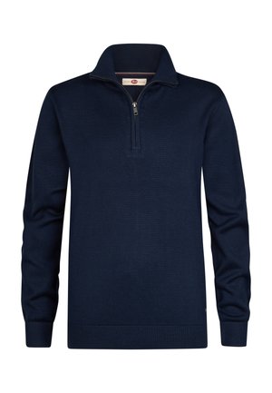 Marineblauwe trui met lange mouwen, een halve rits bij de kraag en geribbelde boorden en zoom, getoond op een effen witte achtergrond.