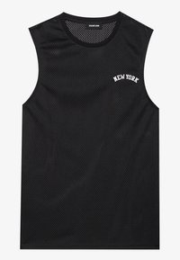 Schwarzes ärmelloses Mesh-Top mit Rundhalsausschnitt. Mit dem Aufdruck "NEW YORK" in weißer Bogen-Schrift auf der Vorderseite. Leichter, atmungsaktiver Stoff.