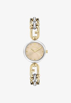 Furla laikrodis su apvaliu sidabriniu korpusu, smėlio spalvos tekstūruotu ciferblatu, auksinėmis žymomis ir grandininiu dirželiu, pagamintu iš aukso ir sidabro atspalvių.
