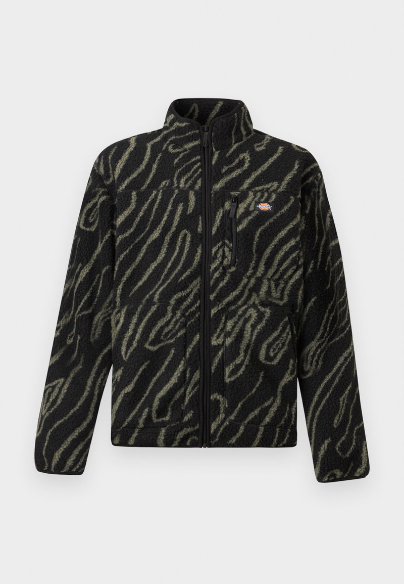 Sort fleecejakke med grønt abstrakt mønster, fuld lynlås, høj krave og frontlomme med lynlås. Blød tekstur og design med normal pasform.