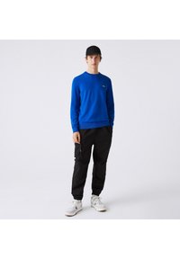 Maglione blu a girocollo in morbido tessuto, abbinato a pantaloni cargo neri con tasche e sneakers bianche. Design sportivo con una vestibilità casual.