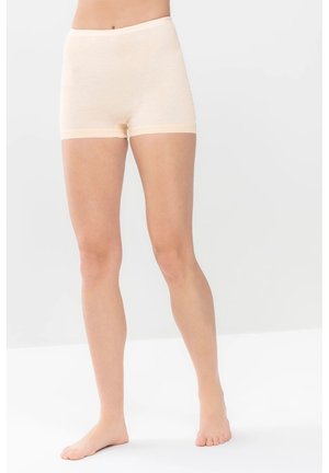 Beige cotton blend shorts with a fitted design, smooth texture, elastic waistband, and mid-thigh length. No visible patterns or hardware.