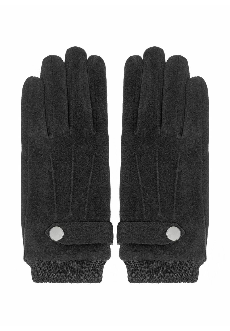 Czarne rękawiczki wykonane z miękkiego materiału, z pięcioma palcami, charakteryzujące się trzema pionowymi przeszyciami oraz ściągaczem z guzikiem zatrzaskowym.