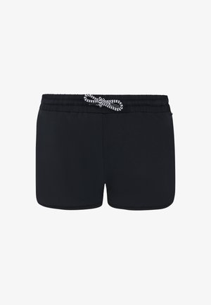 Shorts de bain noirs en tissu lisse, dotés d'une taille élastique avec un cordon de serrage à carreaux réglable. Représentant une longueur jusqu'aux cuisses.