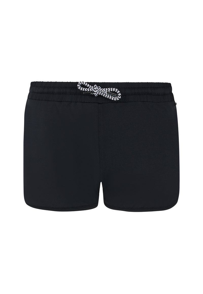 Shorts da bagno neri realizzati in tessuto morbido, con vita elastica e cordoncino regolabile a scacchi. Lunghezza fino a metà coscia.