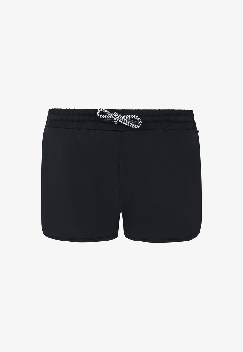 Zwarte zwemshorts van gladde stof, met een elastische tailleband en verstelbare geblokte trekkoord. Lengte tot halverwege de dij.