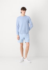 Felpa azzurro chiaro con scollo a girocollo, abbinata a pantaloni corti azzurro chiaro. Sneakers bianche completano l'outfit. Texture liscia.