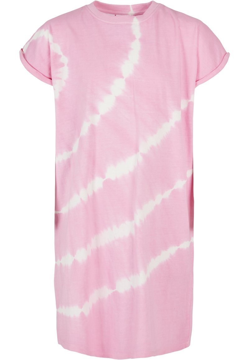 Rosa bomullst-shirtklänning med vit tie-dye-mönster, korta ärmar, rundad hals och rak skärning, med mjuk textur och avslappnad passform.