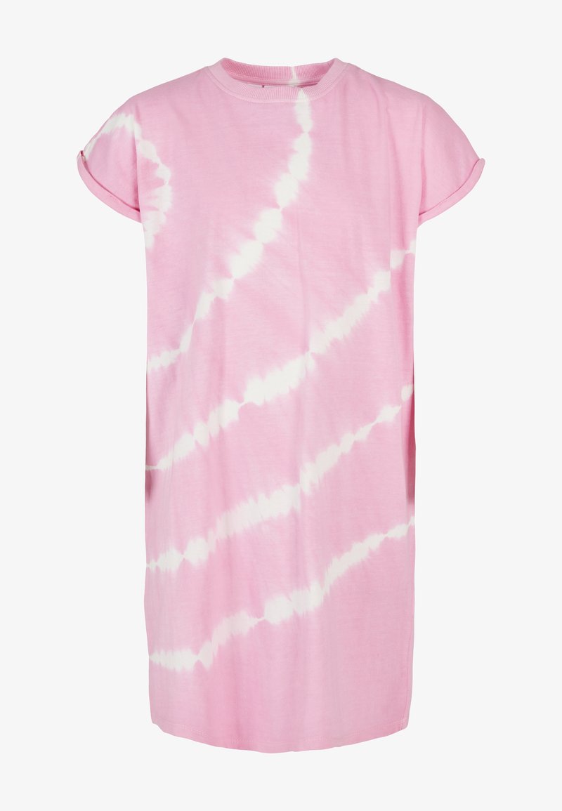 Ružičasta pamučna haljina majicnog kroja s bijelim tie-dye uzorkom, kratkim rukavima, okruglim izrezom i ravnim krojem, s mekim teksturom i ležernim fitom.