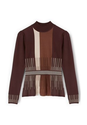 Hnědý svetr s dlouhým rukávem s vertikálními krémovými a béžovými pruhy, žebrovaným vysokým límcem a vzorovanými detaily u pasu a manžet.