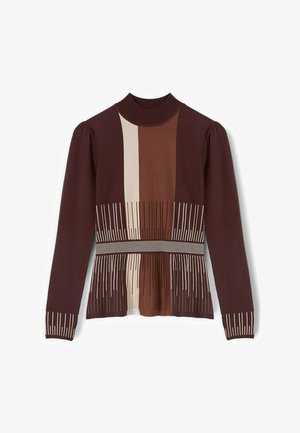Maglione marrone a maniche lunghe con strisce verticali crema e beige, collo a lupetto a coste e dettagli decorativi in vita e sui polsini.