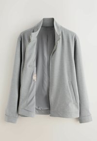 Light gray zip-up jacket made of soft fabric. Features a high collar, two side pockets, and a smooth inner lining. Simple, classic design.