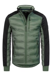Zielona pikowana kurtka z czarnymi panelami na ramionach, kieszeniami na zamek, wysokim kołnierzem oraz elastycznymi ściągaczami, o gładkiej, błyszczącej powierzchni zewnętrznej.