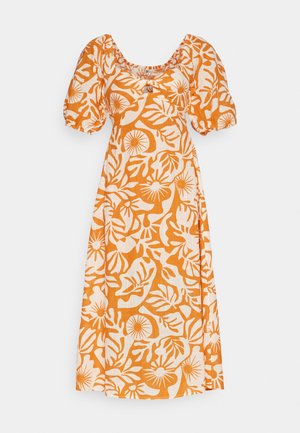 Vestido floral em padrões laranja e branco com decote quadrado, mangas curtas bufantes e um ajuste descontraído. Feito de tecido leve.