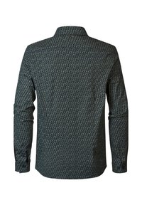 Langarmshirt in donker marineblauw met een geometrisch patroon in groen en beige. Beschikt over een standaard kraag en knoopmanchetten. Gladde textuur.