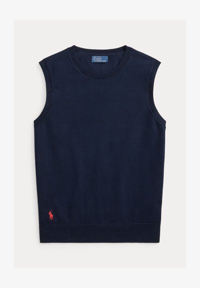 Gilet sans manches bleu marine avec col rond, bords côtelés et petit logo Polo rouge brodé en bas à gauche.