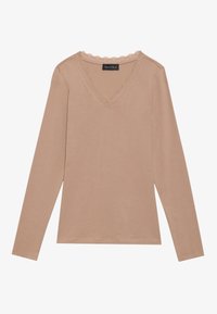Maglietta a maniche lunghe con scollo a V in cotone marrone chiaro, con un bordo in pizzo ondulato sul colletto, caratterizzata da una texture morbida e una vestibilità regolare.