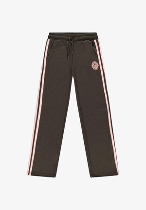 Donkerbruine sweatpants met roze zijstreepjes, een trekkoord in de taille, twee zijzakken en een logo op de linker dij. Gemaakt van zacht materiaal.