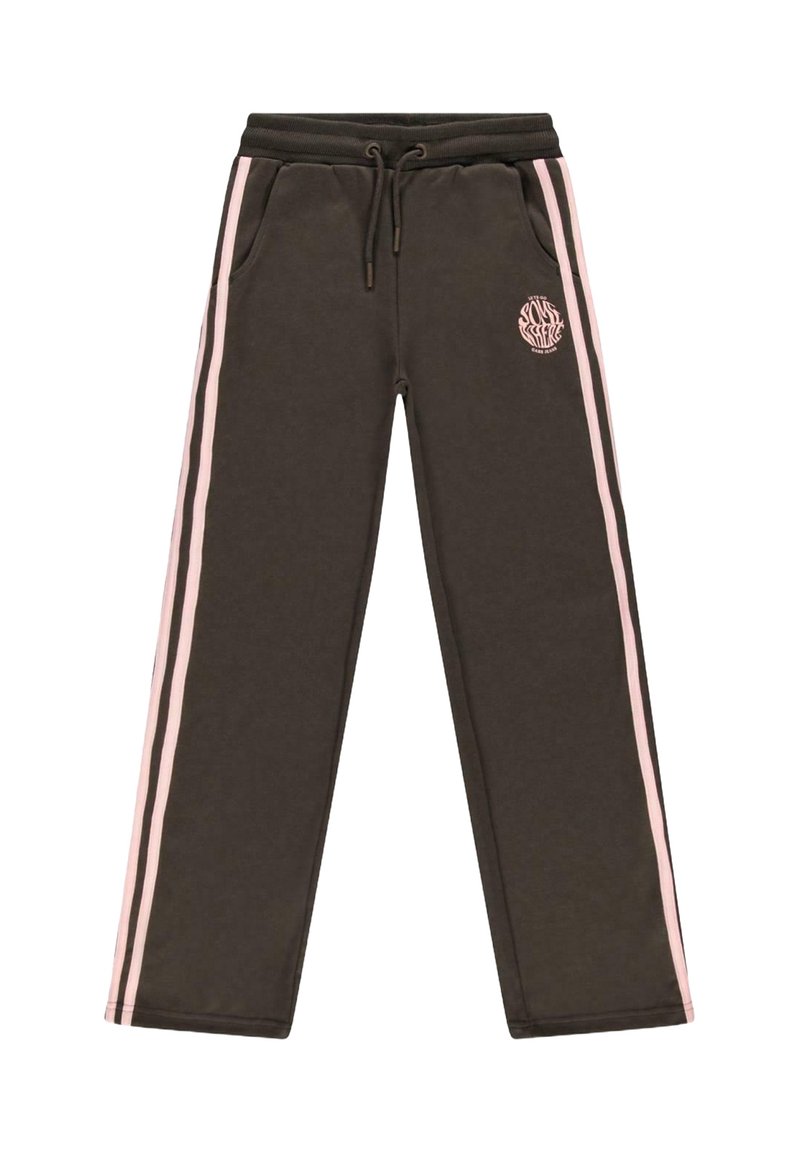Donkerbruine sweatpants met roze zijstreepjes, een trekkoord in de taille, twee zijzakken en een logo op de linker dij. Gemaakt van zacht materiaal.