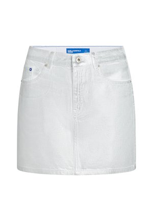 Fustă mini din denim alb cu nasturi și fermoar frontal, curele pentru centură și două buzunare frontale, etichetată Karl Lagerfeld Jeans.