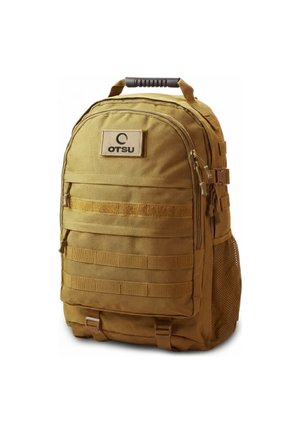 Tan tactical backpack with front zip pockets, a top handle, side mesh pocket, and "OTSU" logo patch on the upper front panel.