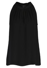 Svart ärmlös topp med en volangkrage, nyckelhålsknäppning och ett slätt, lätt tyg, som har en avslappnad passform och en enfärgad design.