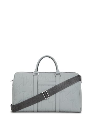 Gray textured duffel bag with logo pattern, dual handles, detachable shoulder strap, and metal hardware accents. Features a spacious main compartment.