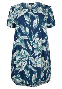 Kortärmad klänning i mörkblått tyg med ett blommönster i vitt och teal, rundad halsringning och en avslappnad passform med en rundad nederkant.