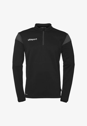 Zwarte pullover met lange mouwen en een kwartrits, met grijze schouderaccenten en witte branding op de linkerkant van de borst. Zacht, glad materiaal.