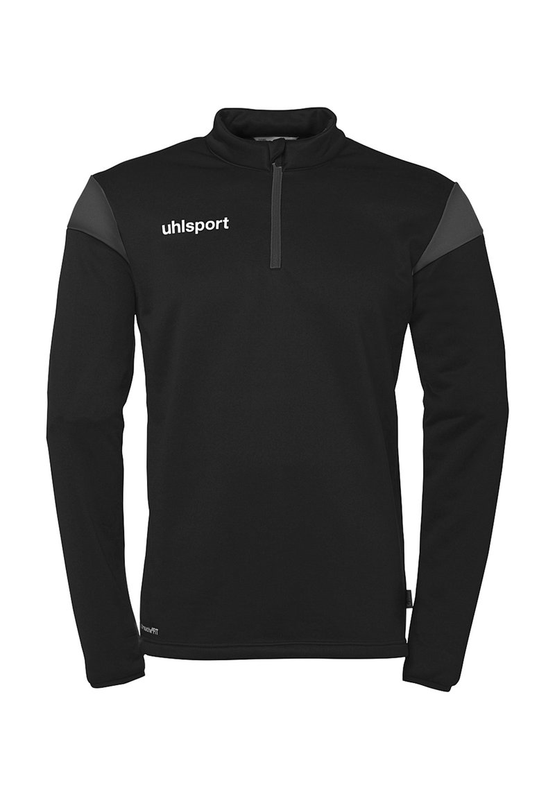 Schwarzer Pullover mit langen Ärmeln und einem Viertelzipper, mit grauen Akzenten an den Schultern und weißem Branding auf der linken Brust. Weicher, glatter Stoff.