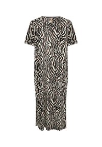 Bedrucktes Kleid mit einem Zebramuster in Schwarz, Weiß und roten Akzenten. Kurze Ärmel und eine lockere, gerade Silhouette.