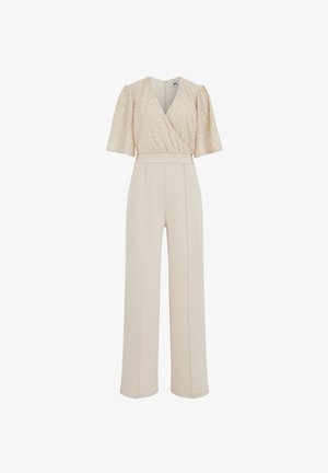 Beige jumpsuit met korte mouwen in wikkelstijl met pailletten en high-waist wijde pijpen, voorzien van een ritssluiting aan de achterkant.