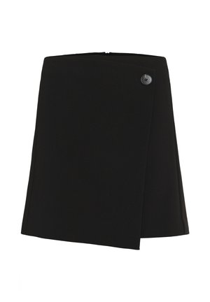 Black wrap skirt made of smooth fabric, features an angled hem and a decorative black button on the side for closure.