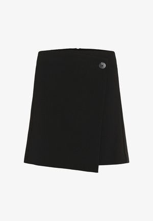 Mustmust mustriide, mis on valmistatud siledast kangast, on nurga all äärega ja küljes on dekoratiivne must nööp sulgemiseks.