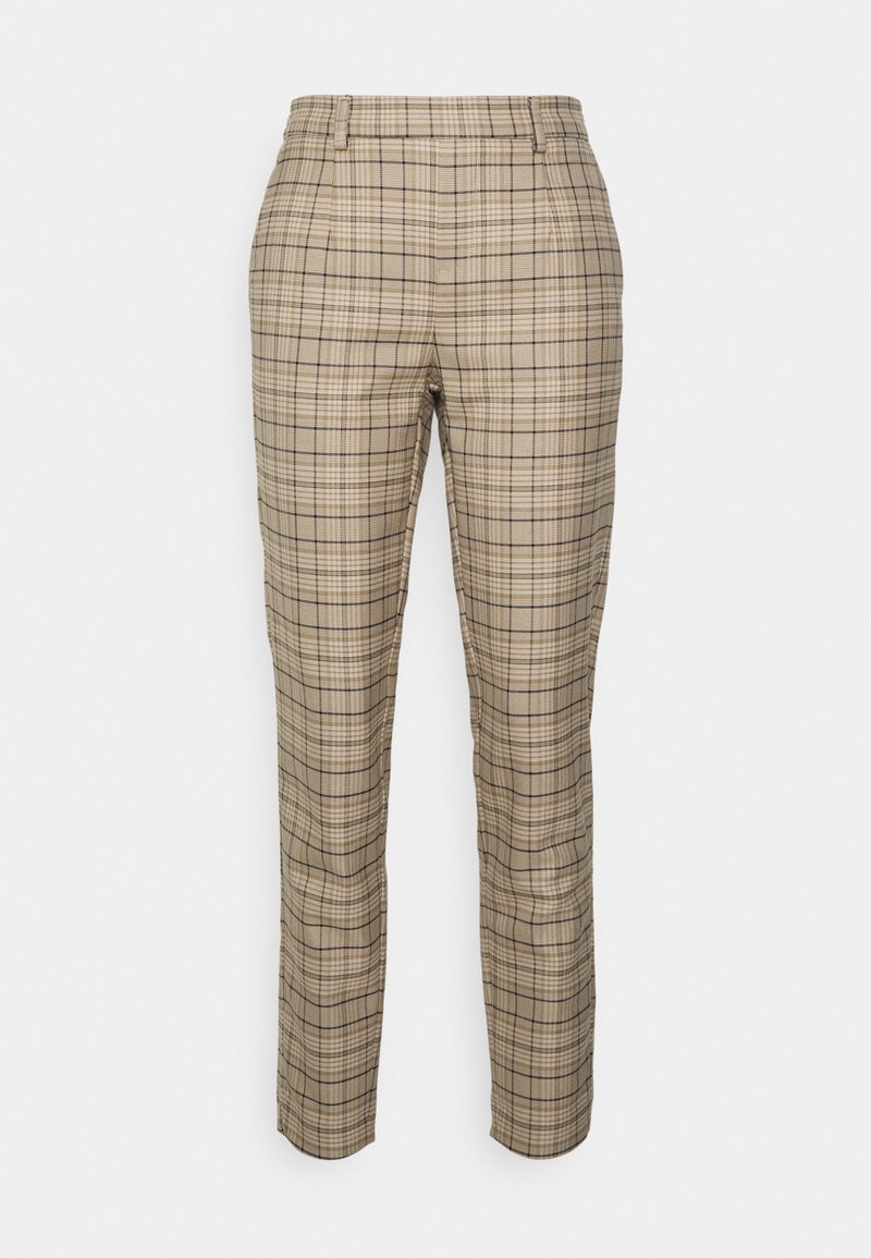 Pantalon beige coupe slim avec un motif à carreaux noir et blanc, plis à l'avant et passants pour ceinture.