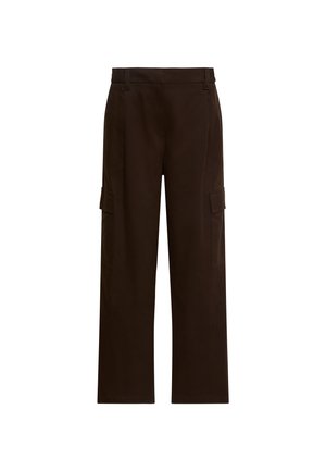 Pantalon cargo marron foncé à jambes droites avec poches à rabat latérales et passants de ceinture, présenté sur fond blanc.