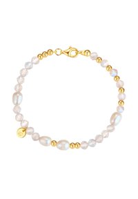 Zlato tonirana zapestnica z belimi biseri in zamrznjenimi kristalnimi kroglicami, z zaponko na žabico in majhnim detajlom v obliki charms.