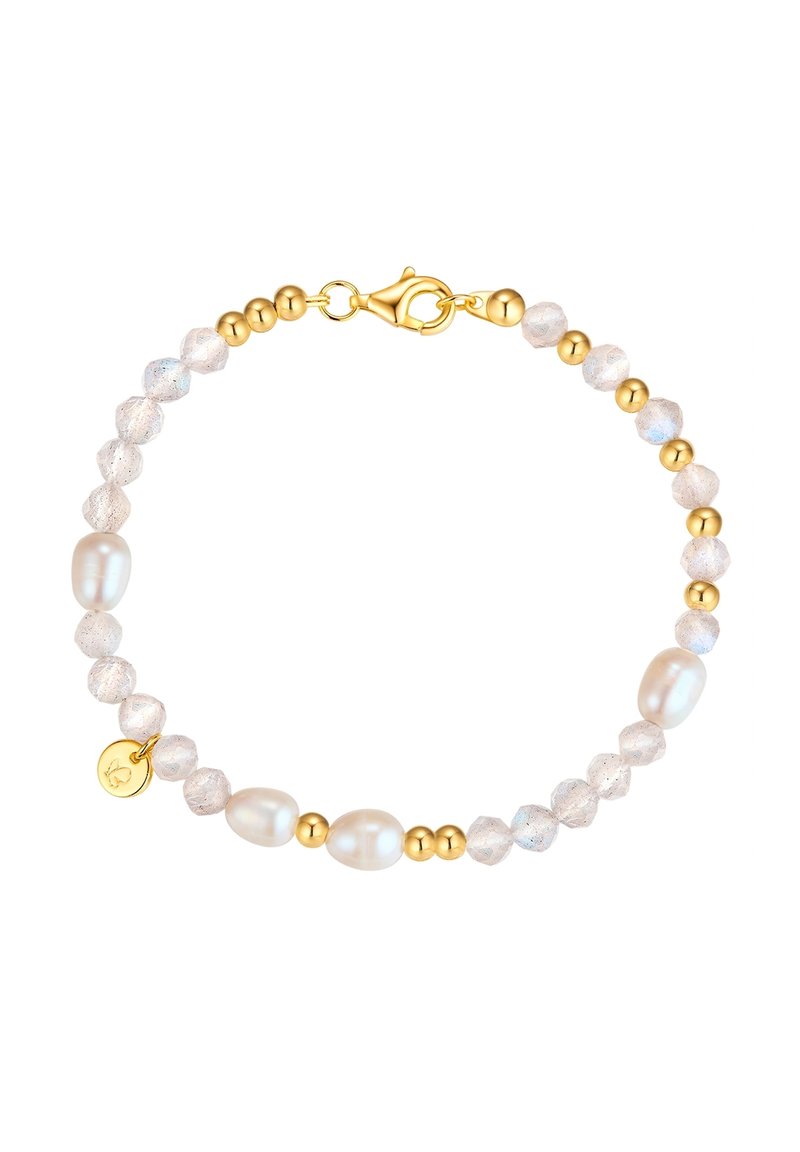 Zlato tonirana zapestnica z belimi biseri in zamrznjenimi kristalnimi kroglicami, z zaponko na žabico in majhnim detajlom v obliki charms.